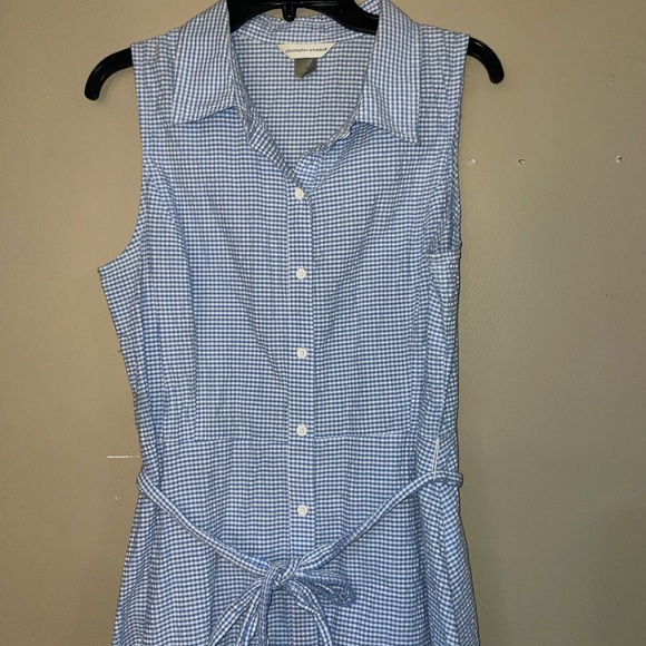 Christopher & Banks Blue/white plaid seersucker belted shirt dress size 14 - Picture 4 of 5